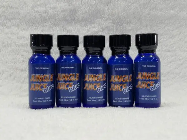 Five bottles of jingle juice on a white background.