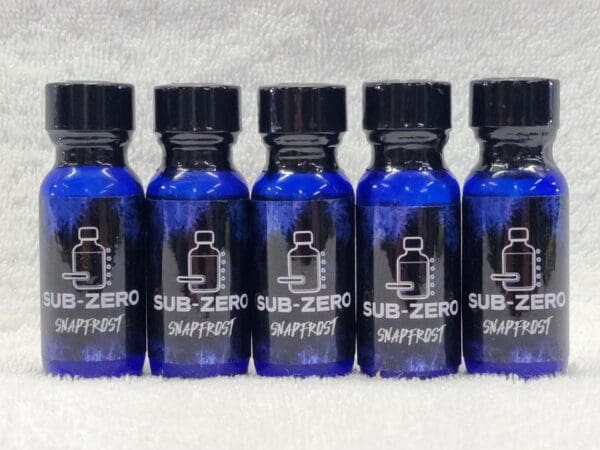 A group of blue bottles with the word subzero on them.