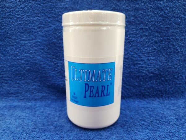 A white container with blue label on it.