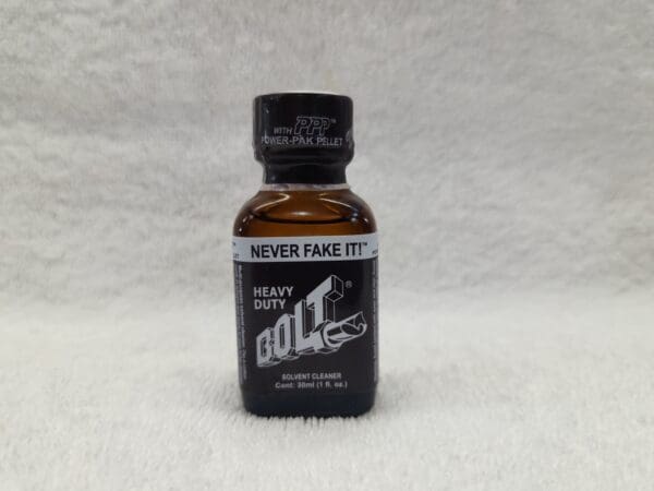A bottle of poppers with the words " never fake it."
