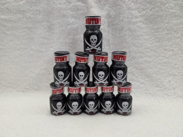 A pyramid of poppers with skulls and crossbones on them.