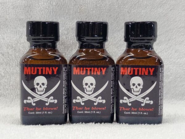 Three bottles of mutiny, a brand of pirate oil.