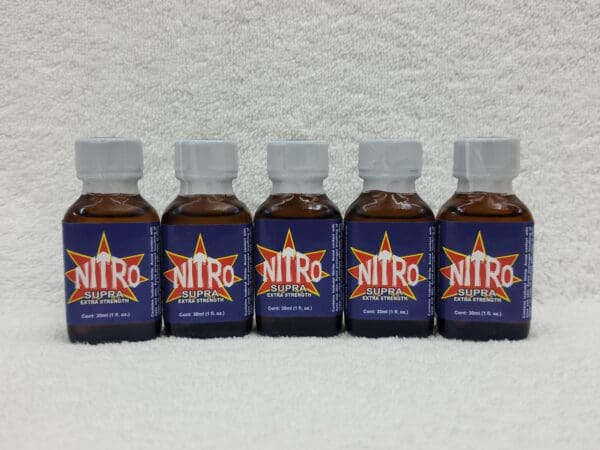 A row of bottles with nitro on them.