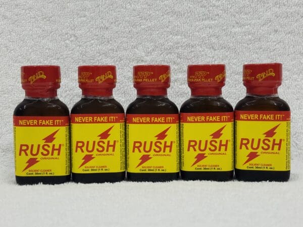 A row of yellow and red rush poppers.