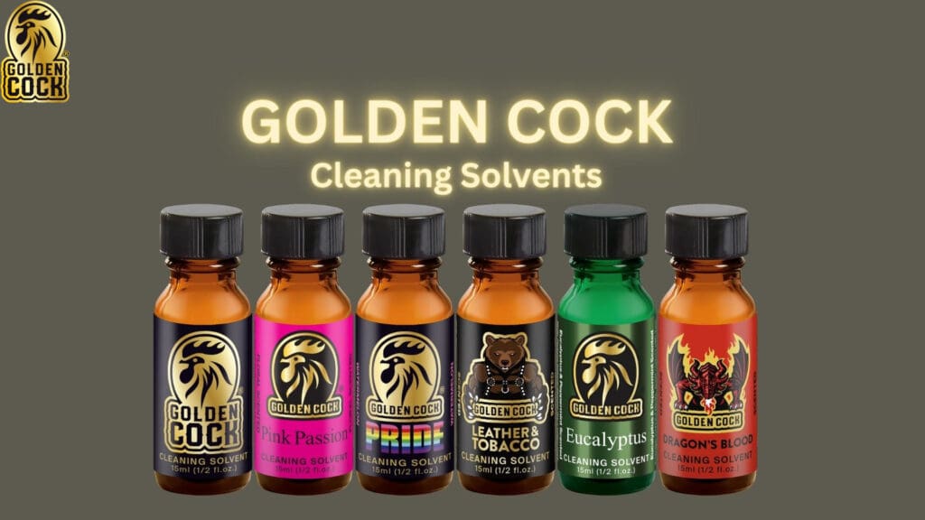 Five bottles of golden cock cleaning solvents with varying labels displayed against a dark background with a logo at the top.