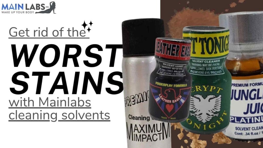 Advertisement for main labs cleaning solvents featuring various product bottles with labels like "premix" and "crypt," set against a slogan "get rid of the worst stains.
