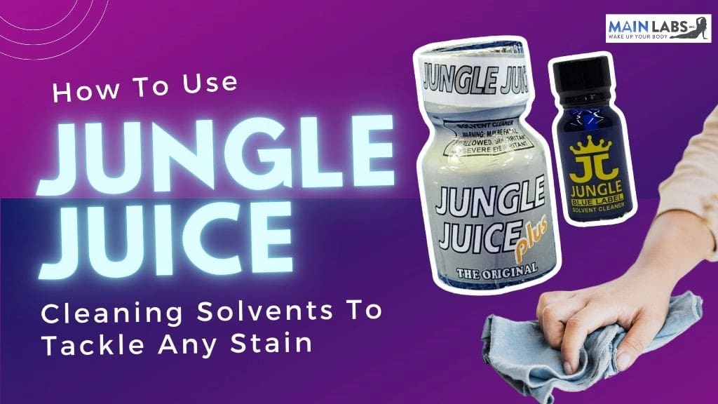 Advertisement with two bottles of jungle juice cleaning solvents and a cloth, with text explaining how to use them to tackle any stain, set against a purple background.