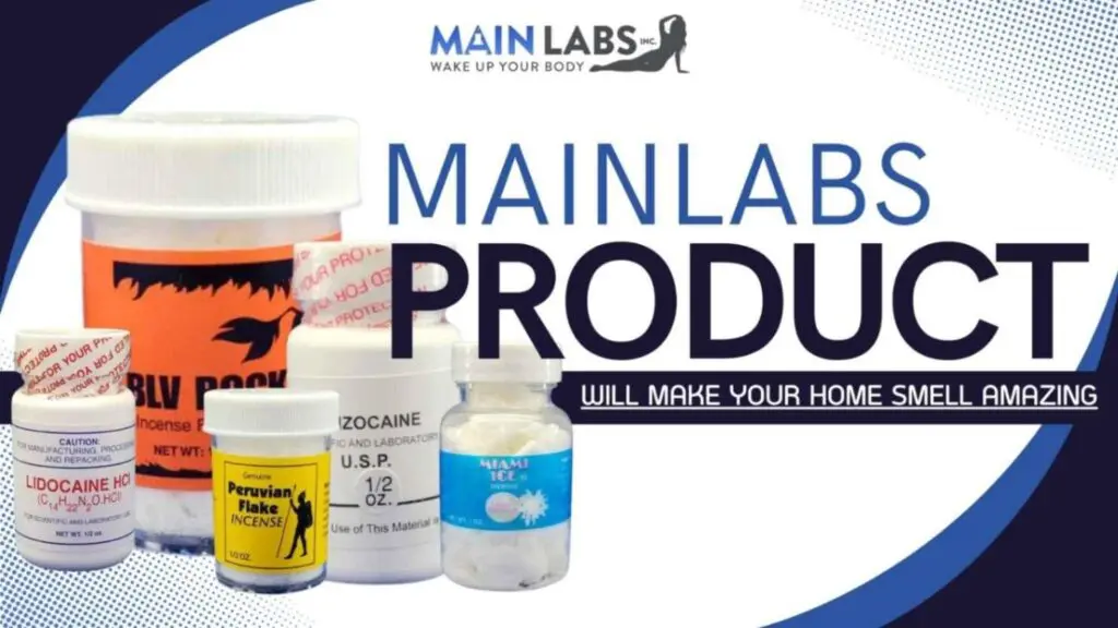 Advertisement for main labs products including containers of lidocaine, incense, and a branded container, with text claiming the product will make your home smell amazing.