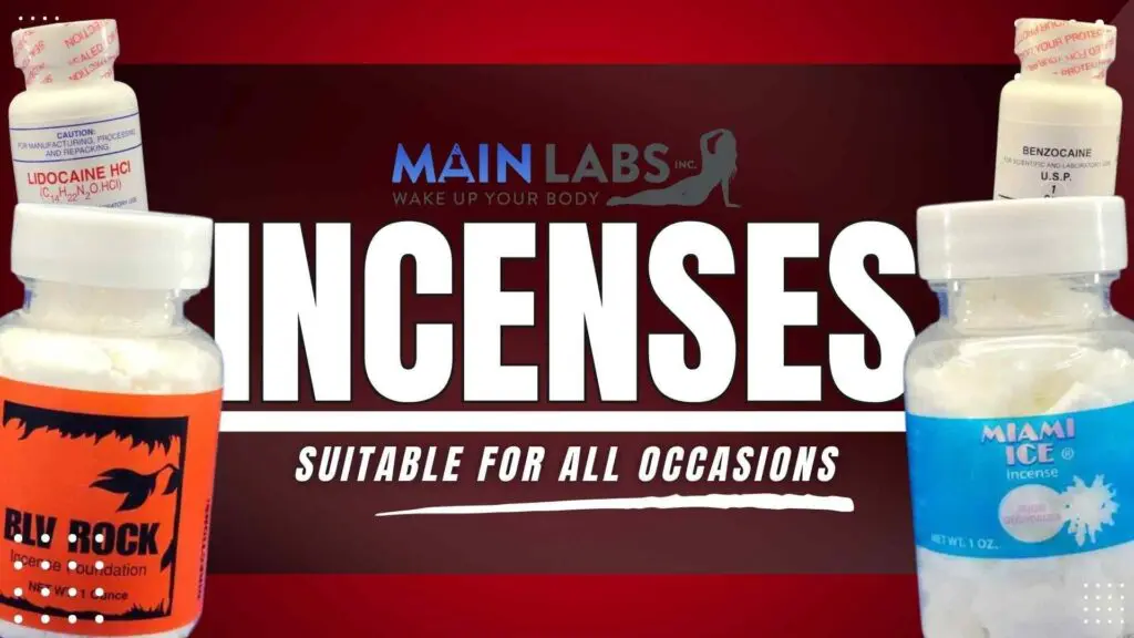 Advertisement for main labs incenses, featuring bottles of blue rock and miami ice incenses with the tagline "suitable for all occasions.